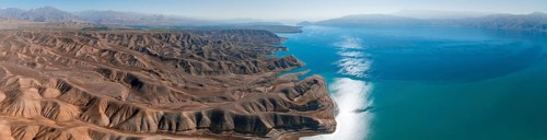 Aerial view, erosion landscape on the Naryn River, Toktogul Reservoir, Kyrgyzstan, Asia
