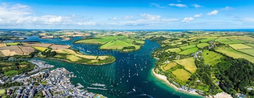 Panorama of Salcombe and Mill Bay over Kingsbridge Estuary from a drone, Batson Creek, Southpool