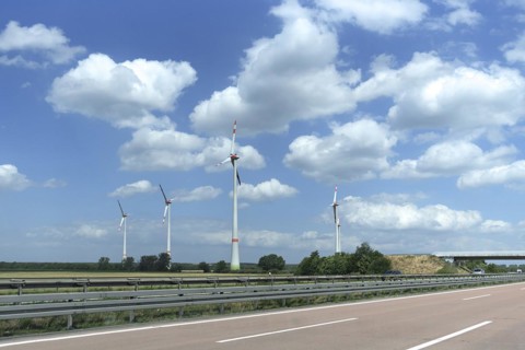 Wind turbines on the A 9 motorway, cloudy sky, Thuringia, Germany, Europe