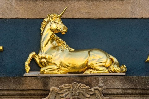 Golden Unicorn above the portal of the Unicorn Pharmacy, Pharmacy Museum, Blue House, Old Town,