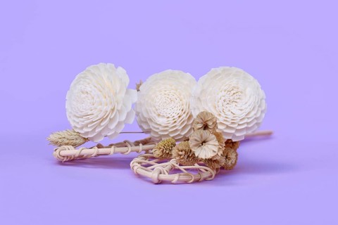 Dried and fake paper flower boho style home decoration on violet background
