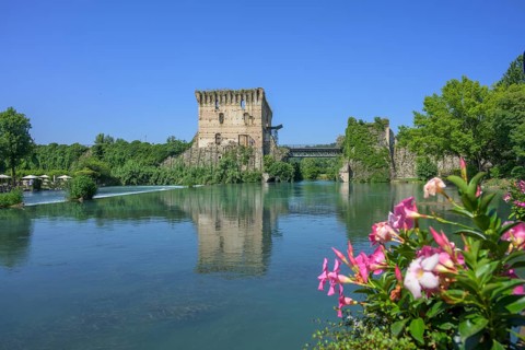 Mincio River and Visconti Bridge from 1395, Borghetto, Valeggio sul Mincio, Province of Verona,