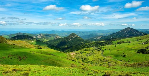 Scenic View of Dome-Shaped Volcanic Peaks (Sucs) in the Monts d'Ardeche Regional Natural Park.