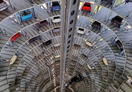 New cars for delivery in the Autoturm, interior view from top to bottom, Autostadt, Volkswagen AG,