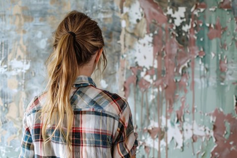 Back view of young woman looking at old run down wall in need of renovation. Generative AI, AI