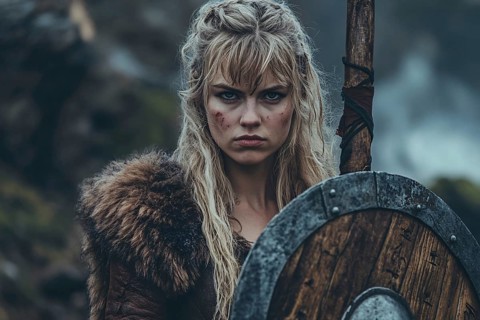 Female viking with shield and spear, AI generated