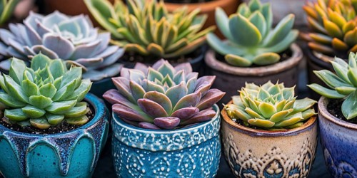 Banner with different small succulent house plants in flower post. Generative AI, AI generated