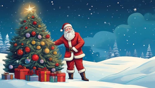 Illustration Father Christmas leaning against a Christmas tree with presents in a winter landscape
