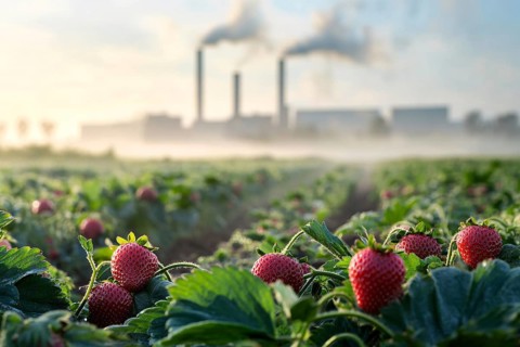 Agricultural field with strawberry fruits and factory with grey fumes in background. Generative Ai,