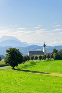 Pilgrimage church of St Marinus in Wilparting, cornfield, avenue, meadow, municipality of