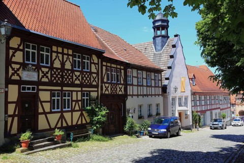 Half-timbered houses on the salt market, Königsberg in Bavaria, Königsberg i.Bay, town in the