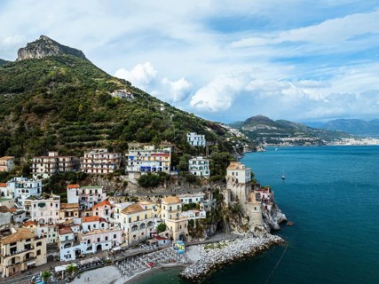 Cetara from a drone, Amalfi Coast, Salerno, Campania, Italy, Europe