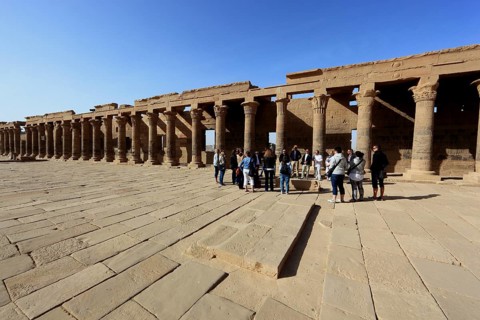 Temple of Isis, Temple of Philae on the island of Agilkia, Temple of Isis, tourists in front of the