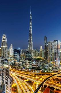 Burj Khalifa skyline tallest building in the world from above at night in Dubai, United Arab