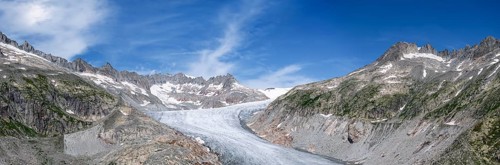 Rhone glacier, valley glacier in the headwaters of the Rhone in the Swiss Alps. Melting glacier,