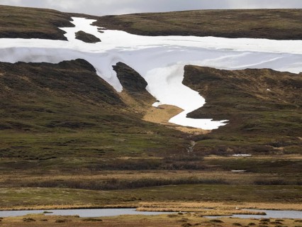 Snowfield remains in the lee of a tundra hill slope, Varanger National Park, Varanger Fjord, May,