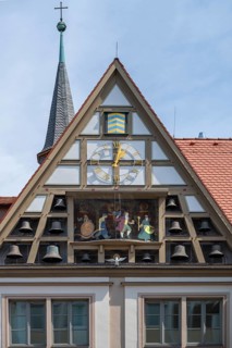 Glockenspiel with running figures at the Bürgerspital, inaugurated in 1956, Würzburg, Lower