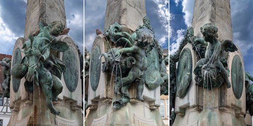 Figures at the Luitpold Fountain, erected in 1899, market square, Kulmbach, Upper Franconia,