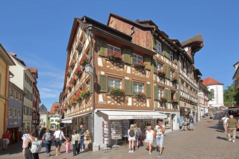 Half-timbered houses with shop and pedestrians, tourists, market place, Meersburg, Obersee, Lake