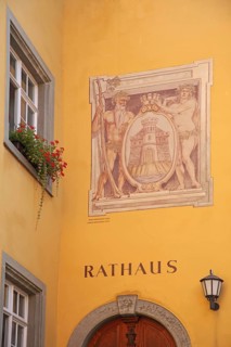 Historical wall painting with town coat of arms, mural, inscription, town hall, Meersburg, Obersee,
