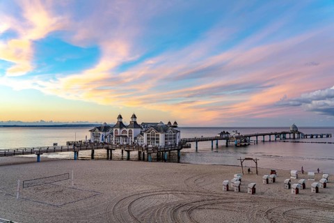 The pier of Sellin, evening mood, sunset, 394 metres long, with restaurant, jetty, beach chairs,