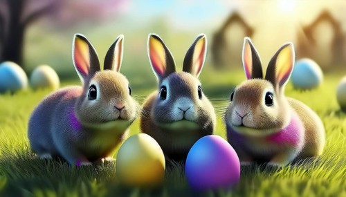 Three bunnies as Easter bunnies with colourful Easter eggs in fresh green grass, AI-generated
