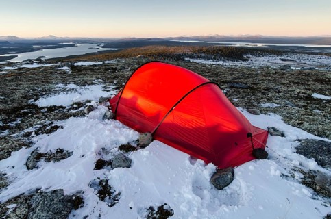 Tent in mountain landscape, Sarek National Park, World Heritage Laponia, Norrbotten, Lapland,