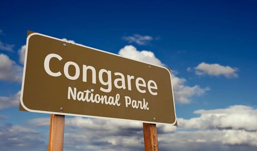 Congaree national park (south carolina) road sign against blue sky and clouds