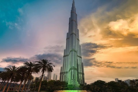 UAE, Dubai panoramic skyline view of city downtown and Dubai Mall
