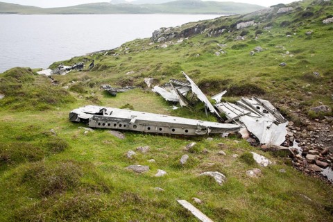 Wreckage at the Catalina plane crash site May 1944 on Vatersay island, Barra, Outer Hebrides,