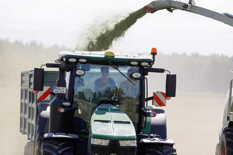 Forage harvesting on an organic farm A forage harvester transports the chopped forage grass into a