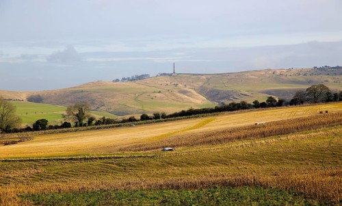 Chalk landscape view to Lansdowne monument, Cherhill, North Wessex Downs, Wiltshire, England, UK