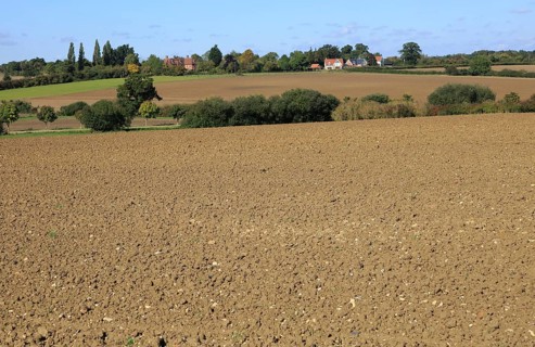 Rural early autumn landscape harrowed fields Monewden, Suffolk, England, UK