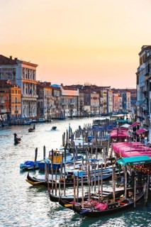 Gondolas with jetty on the Grand Canal, empty, city trip, holiday, travel, tourism, lagoon city,