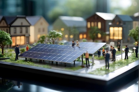 Scale model of a solar park on a polished conference table, AI generated