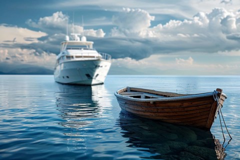 Concept for economic and social inequality showing small poor wooden fishing boat and luxury yacht