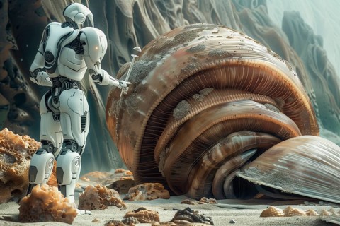 Robot collecting samples of giant mussels and tubeworms in the deep sea, AI generated