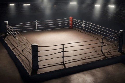 Empty boxing ring with ropes tightly stretched across the square corner, AI generated