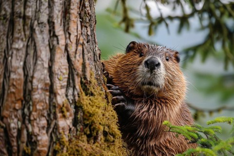 Cute wild beaver leaning on tree. Generative ai, AI generated
