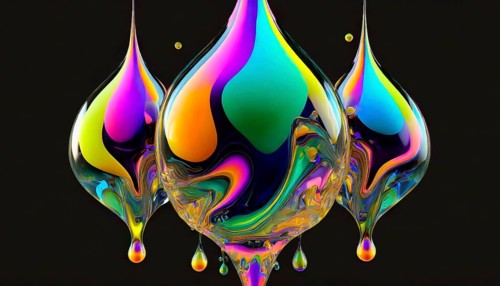 Colourful iridescent plastic drops and bubbles filled with oily liquids, 3D, digital art, AI