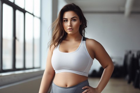 Curvy plus size woman in sport clothes in fitness studio. KI generiert, generiert AI generated