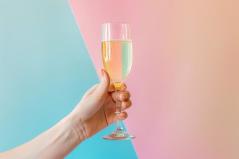 Woman's hand holding champagne glass in front of pastel pink and blue background. KI generiert,