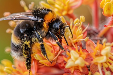 Bumblebee collecting pollen from orange flowers. KI generiert, generiert, AI generated