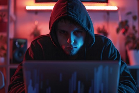 Man covering his face with hoodie in front of laptop. KI generiert, generiert, AI generated