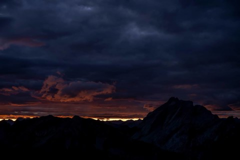 Montafon mountains with dramatic cloudy sky at sunrise, Tschagguns, Rätikon, Montafon, Vorarlberg,