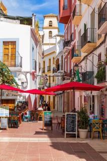 Square and narrow alley with cafes and restaurants in the old town of Eivissa, Ibiza Town, Ibiza,