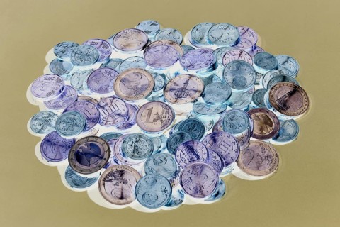 Euro coins, small change, a pile of money, negative image