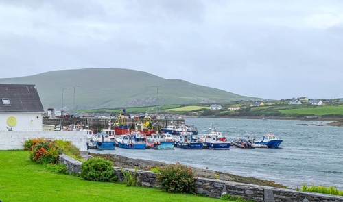 View of the harbour of Portmagee, starting point to the Skellig Islands, west coast, Portmagee,