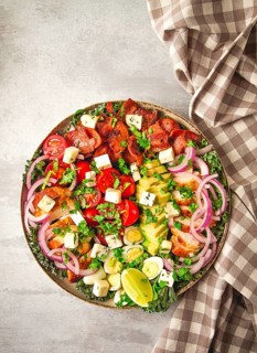 Cobb salad, keto food, top view, no people, close-up