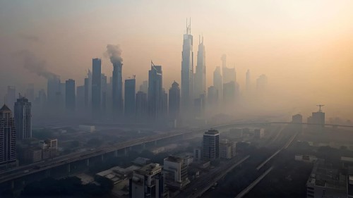 Aerial view of a mega city with smog and pollution, AI generated